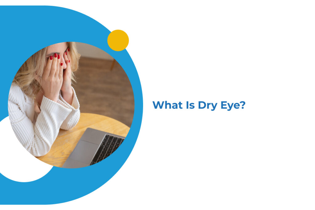 Woman experiencing dry eye symptoms while using a laptop – Northland Eye Care explains what causes dry eyes and how to treat them.