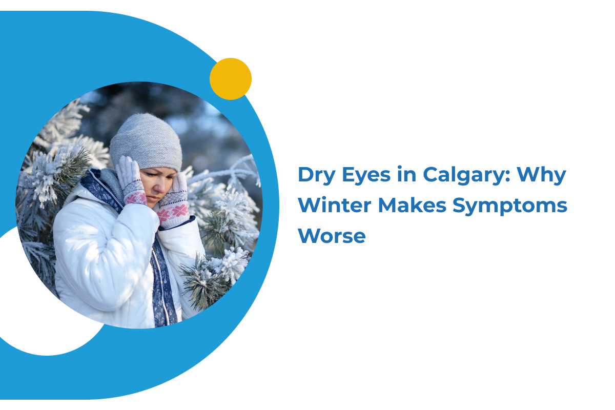 A woman holds her head in a cold wintery park. Northland Eye Care is here to help your eyes stay as healthy as possible this holiday season.